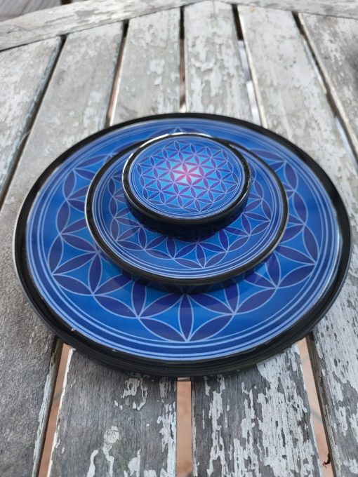 Plaque de rechargement en shungite Fleur de vie Ø11 cm Bleu foncé. Nettoie et recharge vos pierres...