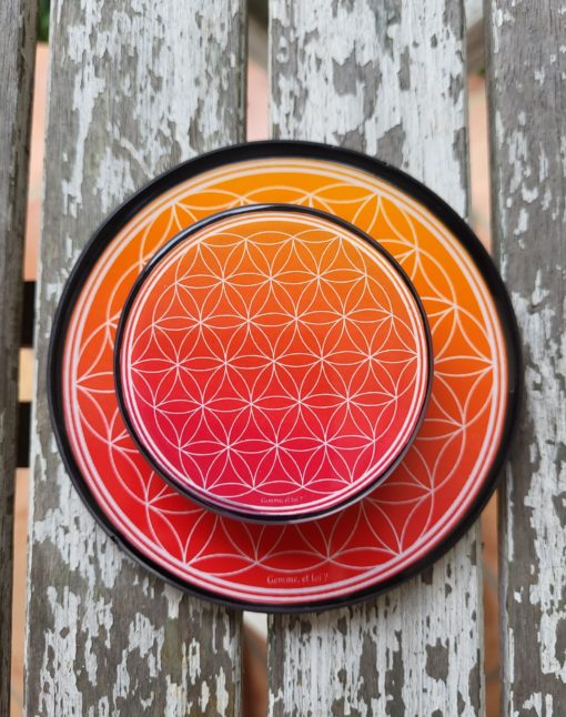 Plaque de rechargement Fleur de vie-shungite, "ORANGÉ". Nettoie et recharge vos pierres...