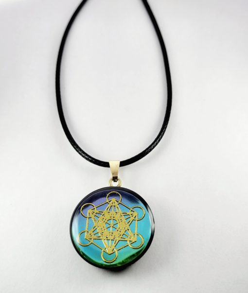 Pendentif Métatron doré, fond couleur turquoise/violet n°6, unique.