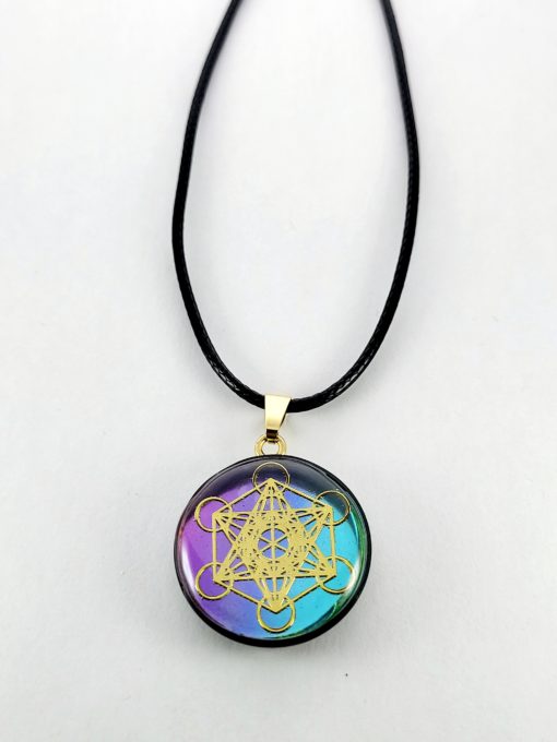 Pendentif Métatron doré, fond couleur violet/turquoise n°3, unique.
