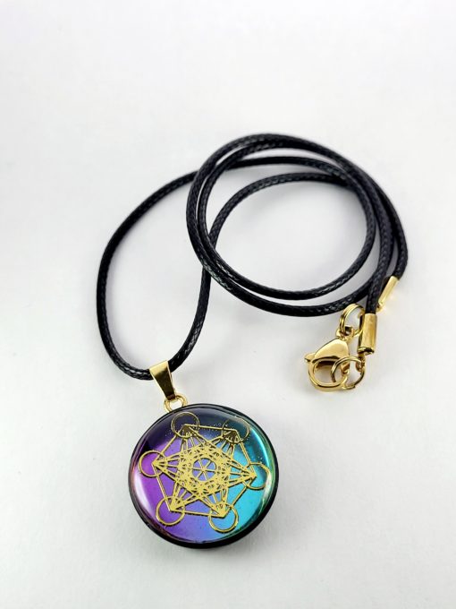 Pendentif Métatron doré, fond couleur violet/turquoise n°3, unique. – Image 3