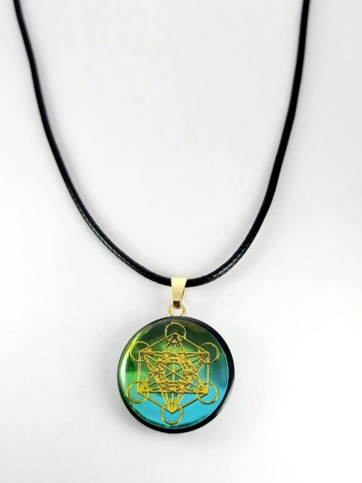 Pendentif Métatron doré, fond couleur vert/bleu n°8, unique.