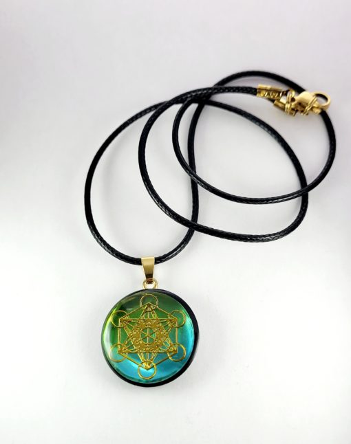 Pendentif Métatron doré, fond couleur vert/bleu n°8, unique. – Image 4