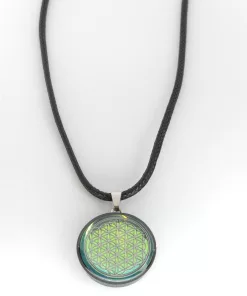Pendentif fleur de vie argentée sur fond bleu/vert