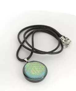 Pendentif fleur de vie argentée sur fond bleu/vert