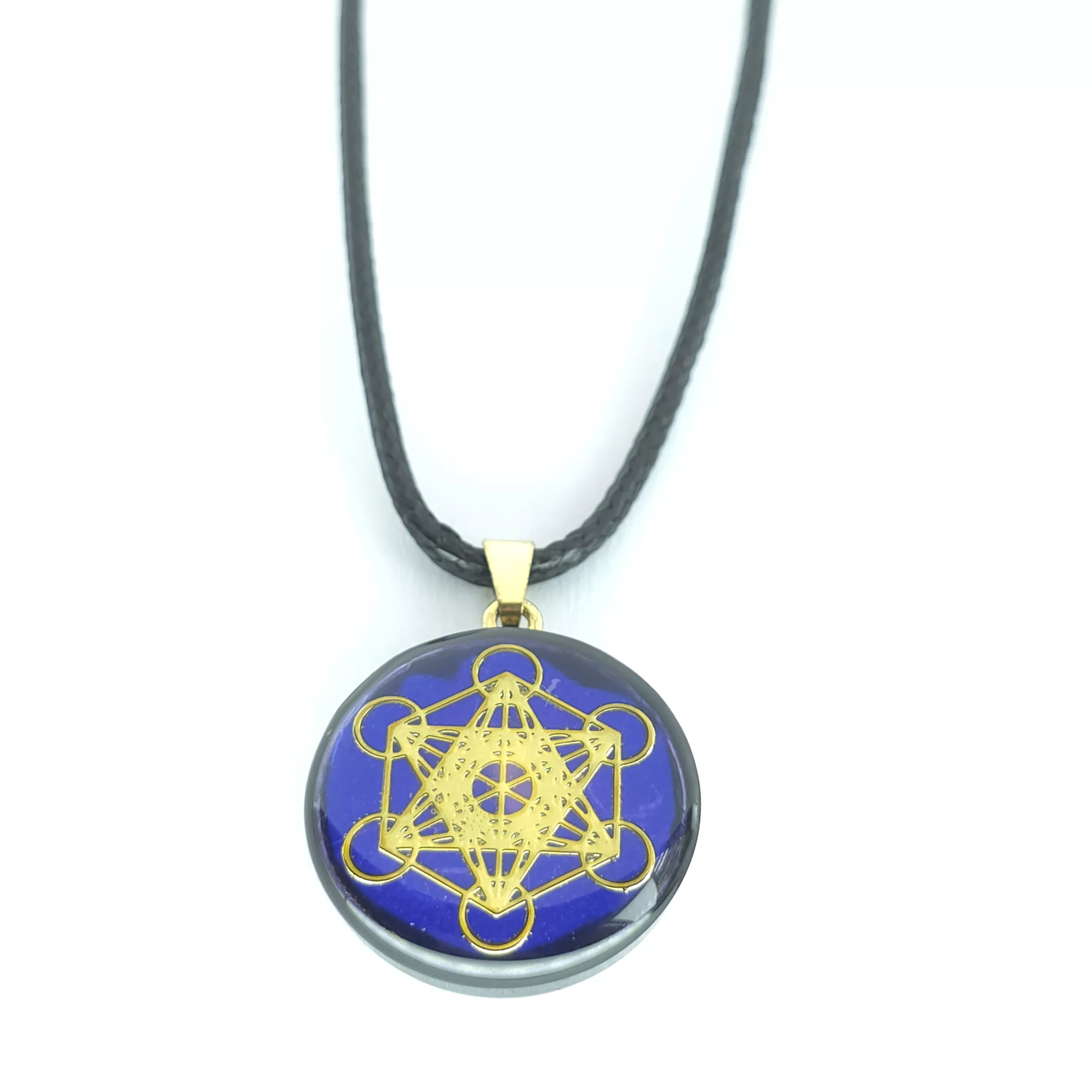 Pendentif artisanale cube de métatron fond bleu / yin yang