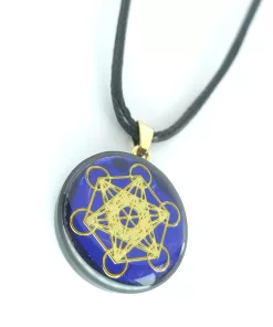 Pendentif artisanale cube de métatron fond bleu / yin yang