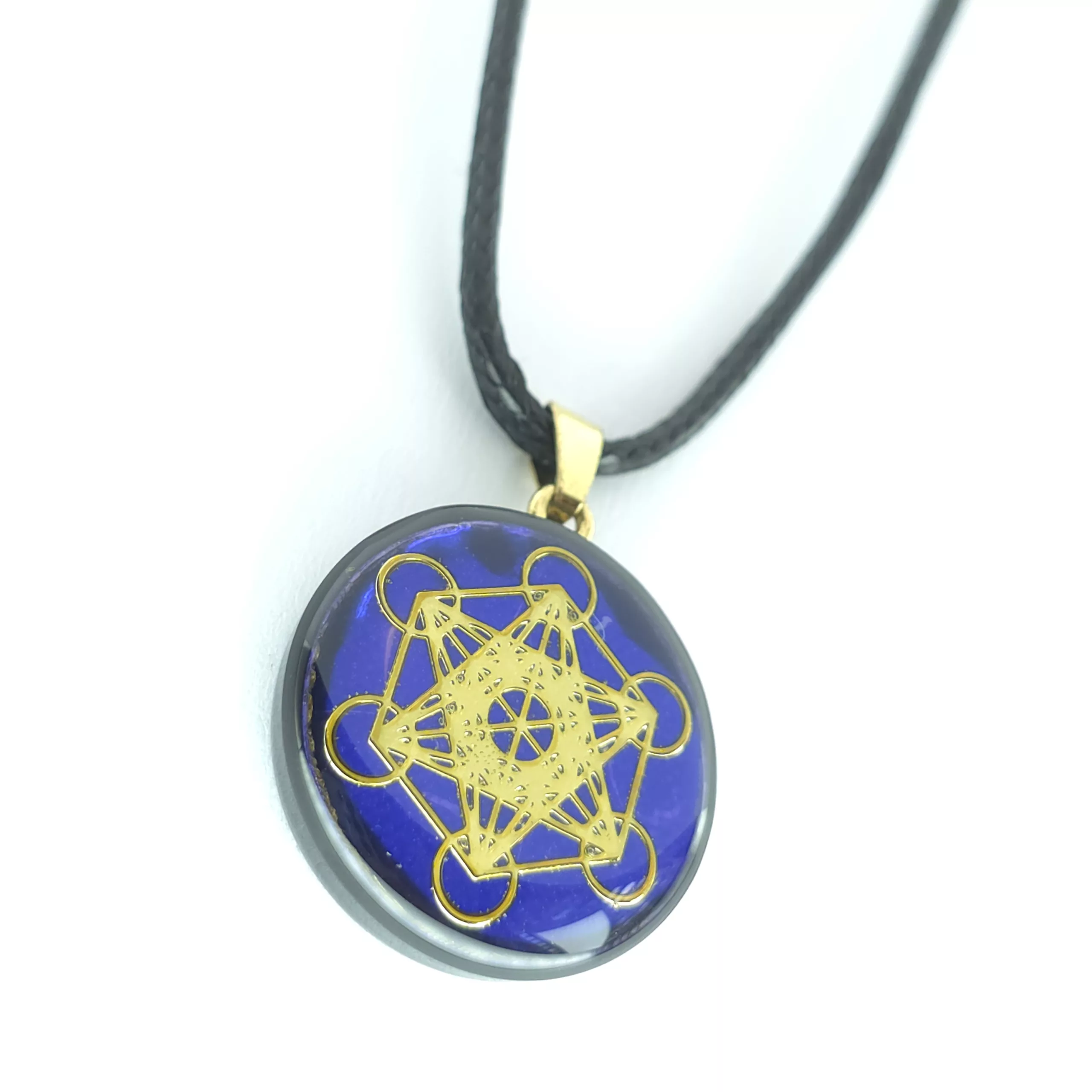 Pendentif artisanale cube de métatron fond bleu / yin yang