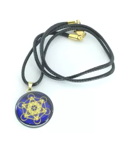 Pendentif artisanale cube de métatron fond bleu / yin yang