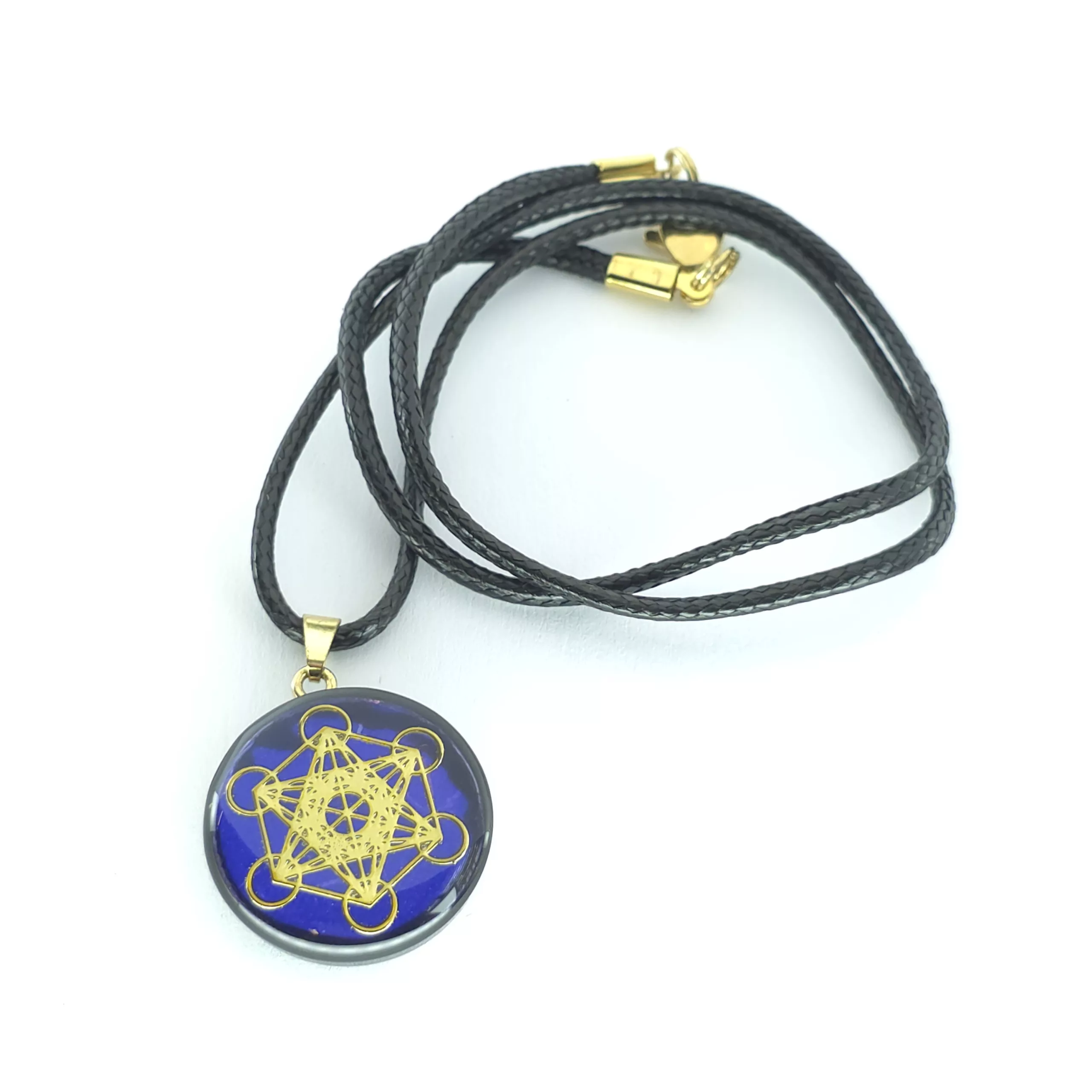 Pendentif artisanale cube de métatron fond bleu / yin yang